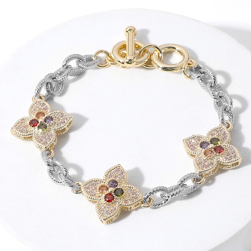 14K Gold Plated 2-Tone CZ Stone Paved Clover Charm Link Toggles Bracelet